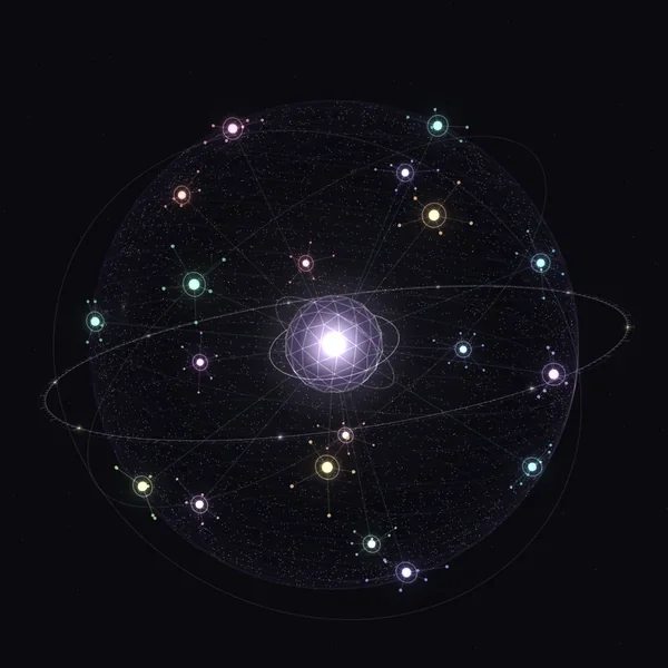 Prévia do universo do Atlas, com mercados conectados em torno de um núcleo luminoso.